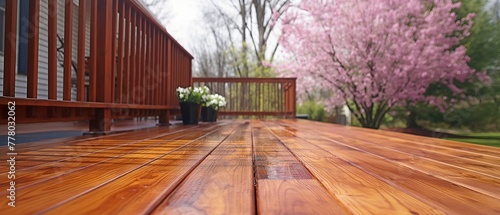 In early spring, refinish the patio of a big home with a walk-out cedar wood deck.
