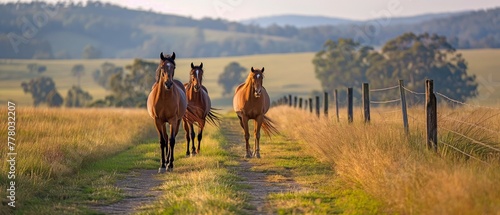 Horses in a group ambling beside a rural country road's fence line © tongpatong