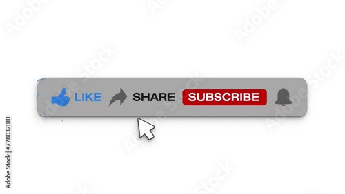 Video animation of an animated, floating subscribe button with a bell button on a white background. - Suitable for video blog.  photo