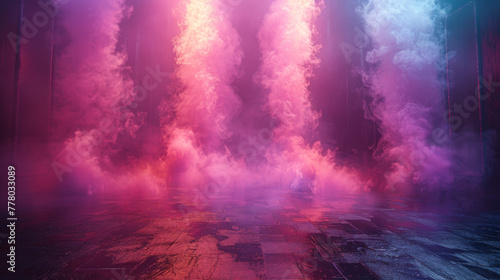 The dark stage shows, purple background, an empty dark scene, neon light, spotlights The asphalt floor and studio room with smoke float up the interior texture for display products. illustration.