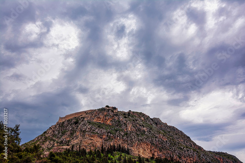 The historical Palamidi fortress against an overcast sky, in Nafplio city, Argolis, Greece