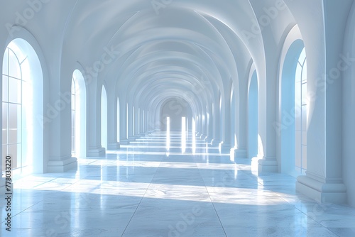 Long Hallway With Arched Windows and White Walls