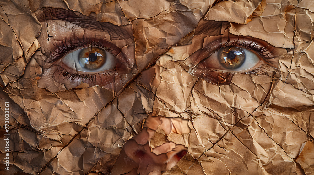 a woman's face made of crumpled brown paper