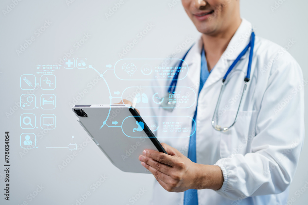 Doctor using clipboard and digital tablet find information patient medical history at the hospital. Medical technology concept. Doctor using clipboard and digital tablet find information patient medical history at the hospital. Medical technology concept.