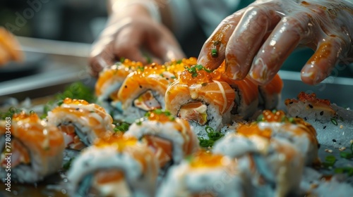 Person Preparing Sushi Rolls on Table