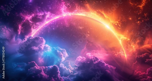 Colored circles and rays of light in the clouds form a rainbow circle.