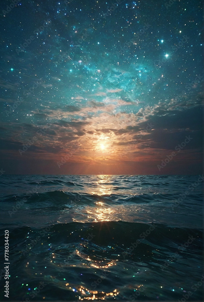 Sunset ocean landscape with sparkles stars .Calm sea water wallpaper. poster