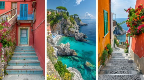 Three Views of Beach With Steps Leading to Water