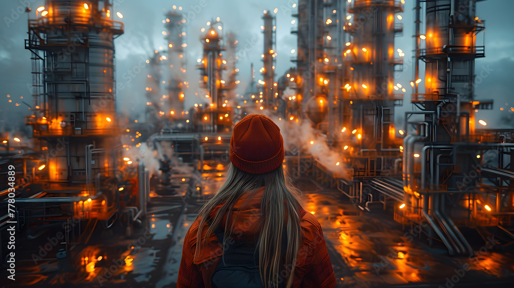 Fototapeta premium An engineer stands in front of an oil and gas plant