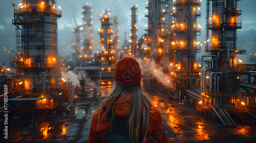 An engineer stands in front of an oil and gas plant