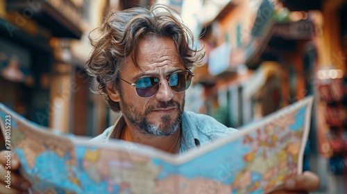 Man in Sunglasses Examining Map