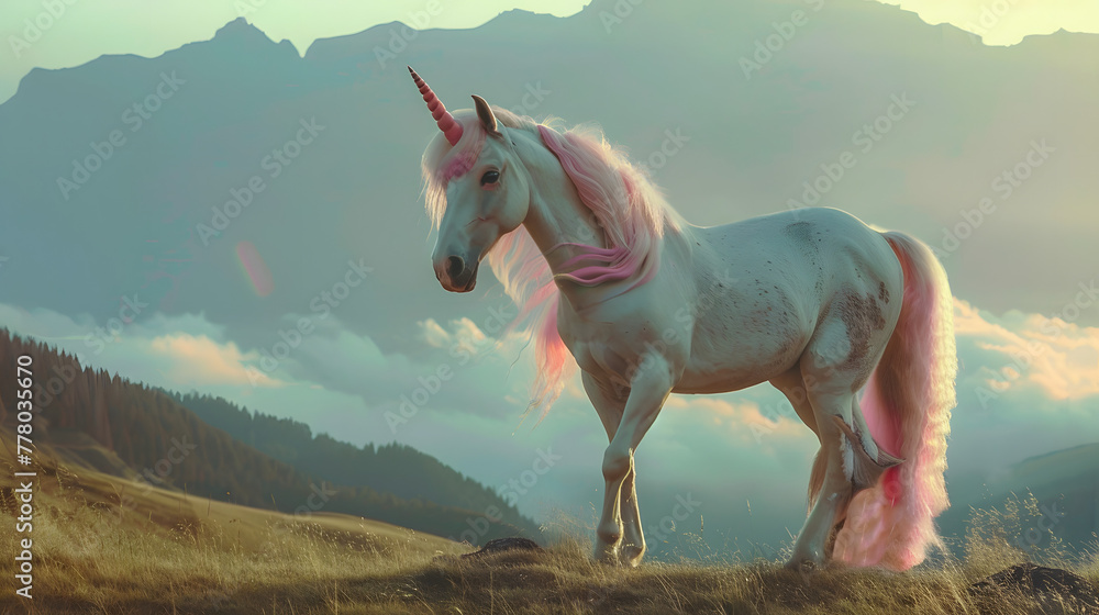 cinematic photo of an unicorn with pink mane standing on the hill cinematic photo of an unicorn with pink mane standing on the hill