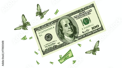 Dollar banknote. Green paper bill. Fly cartoon money photo
