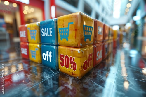 A colorful sale sign in the shopping mall announces a 50 off discount, a saving that shoppers will find hard to resist.