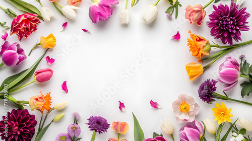 Colorful spring flowers frame a white background with copy space