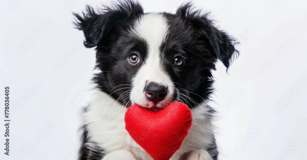 Adorable Border Collie Puppy Holding a Red Heart. Generative ai