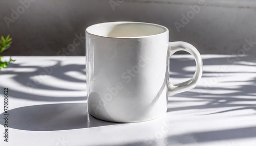 Mockup of white simple blank empty ceramic mug cup, on wodden table