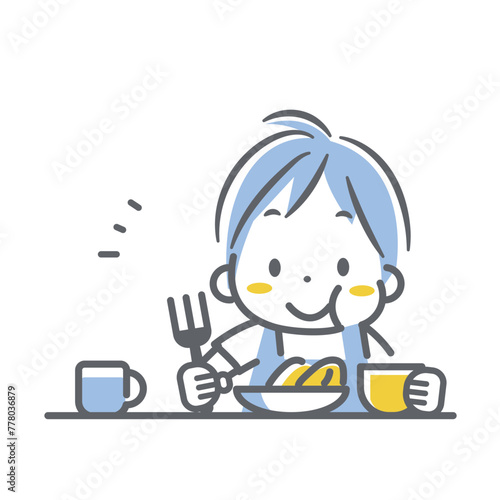 楽しく食事をする子供　女の子　シンプルでお洒落な線画イラスト