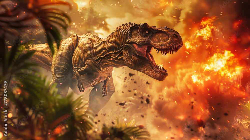 Fototapeta premium A dinosaur surrounded by flames in a fiery scene, illustrating the catastrophic event known as the Death of the Dinosaurs