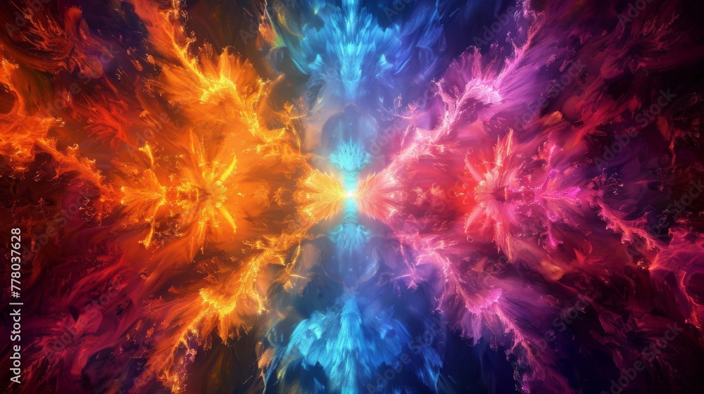 Radiant beams of light converging at a focal point and spreading outwards in a kaleidoscope of color and form