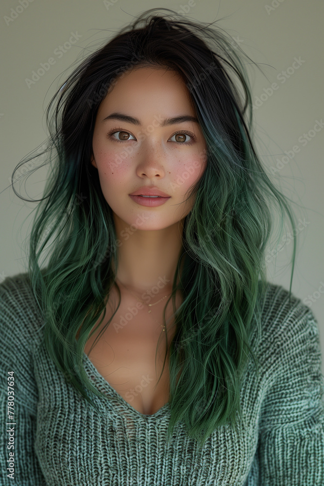 Portrait of a young woman with green hair and a sweater. Portrait of a young woman with green hair and a sweater.
