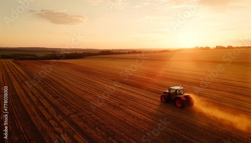 Sunset Over the Farmland with Tractor at Work. Generative ai
