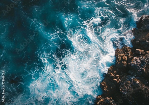 Aerial View of Crashing Ocean Waves on Rocky Shore. Generative ai