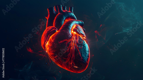 Realistic heart with glowing red veins and dark blue background