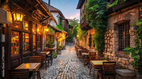 An old tavern on an old narrow paved street in a lovely old town in the evening
