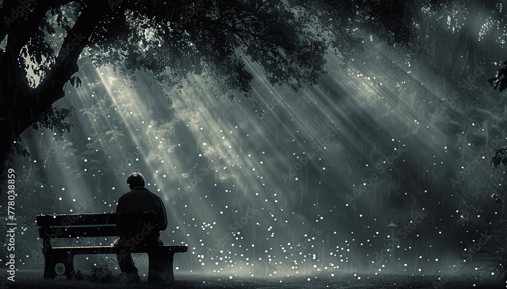 Alone man sitting on a bench under sunbeams filtering through trees, creating a magical atmosphere Alone man sitting on a bench under sunbeams filtering through trees, creating a magical atmosphere
