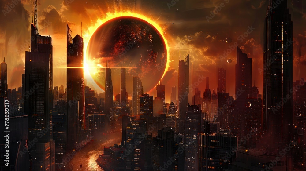 Obraz premium Futuristic landscape of solar eclipse over the city, Solar Eclipse 2024, April 8