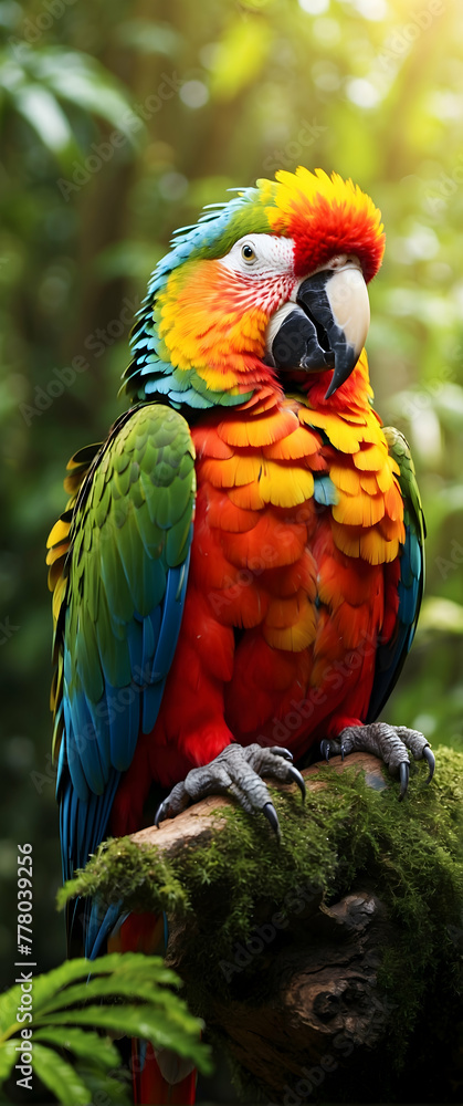 for advertisement and banner as Rainforest Rhapsody A colorful parrot perches in the rainforest a rhapsody of colors and sounds. in Pet Behavior theme ,Full depth of field, high quality ,include copy 
