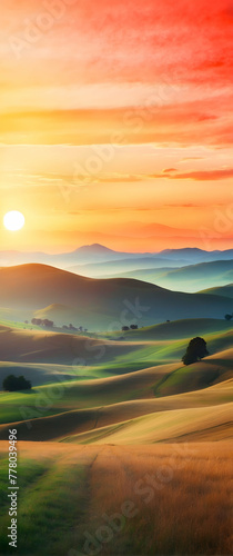 for advertisement and banner as Sunset Vista A sweeping watercolor vista of the sun setting over rolling hills. in watercolor landscape theme theme ,Full depth of field, high quality ,include copy spa © Gohgah