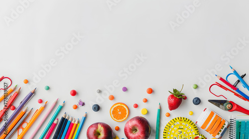White background with colorful school supplies in the bottom border