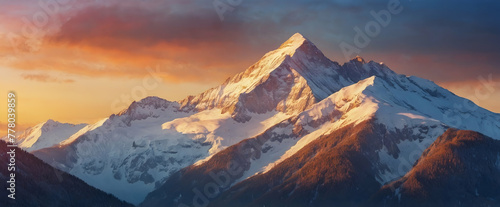 Photo real as Alpine Glow A watercolor sunrise over snow capped mountains. in nature and landscapes theme ,for advertisement and banner ,Full depth of field, high quality ,include copy space on left,  © Gohgah