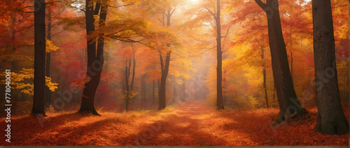 Photo real as Autumn Splendor A forest adorned with autumn foliage a spectacle of warm hues. in nature and landscapes theme ,for advertisement and banner ,Full depth of field, high quality ,include co