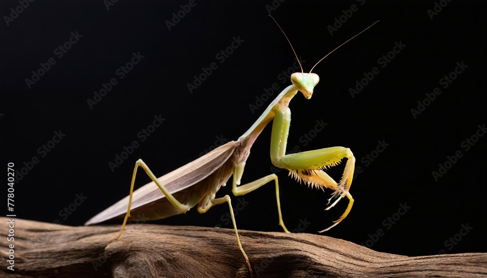 mantis on a wood with a black background mantis on a wood with a black background