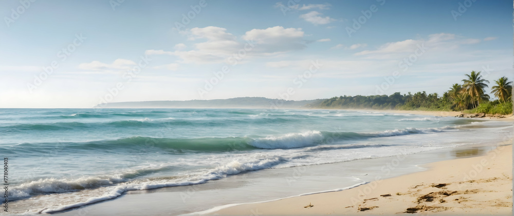 Photo real as Coastal Calm Gentle waves lapping a sandy shore in soft watercolors. in nature and landscapes theme ,for advertisement and banner ,Full depth of field, high quality ,include copy space o