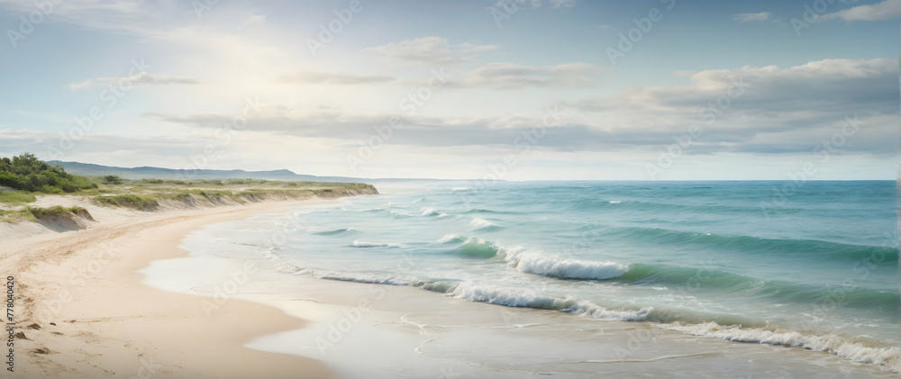 Photo real as Coastal Calm Gentle waves lapping a sandy shore in soft watercolors. in nature and landscapes theme ,for advertisement and banner ,Full depth of field, high quality ,include copy space o