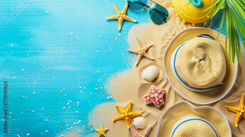 summer background with beach accessories, sunglasses and straw hats on sand, blue, vacation concept, copy space photo