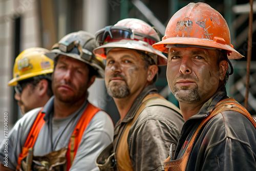 Builders labor on bustling construction site, embodying industriousness, teamwork, and progress in urban development