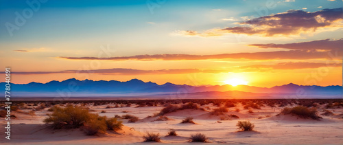 Photo real as Desert Radiance The vibrant hues of a desert landscape at sunset. in nature and landscapes theme ,for advertisement and banner ,Full depth of field, high quality ,include copy space on l © Gohgah