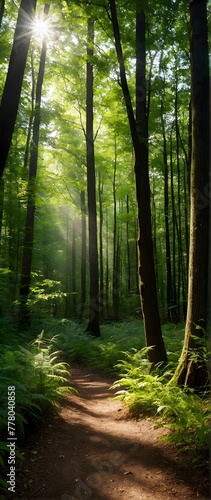 Photo real as Forest Whispers A secluded forest trail dappled with sunlight. in nature and landscapes theme  for advertisement and banner  Full depth of field  high quality  include copy space on left