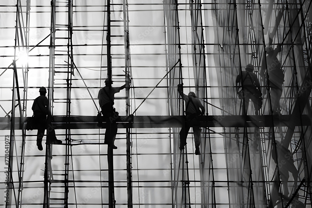 Builders labor on bustling construction site, embodying industriousness, teamwork, and progress in urban development