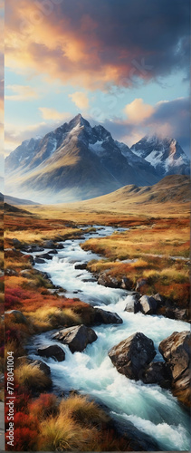 Photo real as Highland Harmony A harmonious blend of watercolor highland terrains. in nature and landscapes theme ,for advertisement and banner ,Full depth of field, high quality ,include copy space o