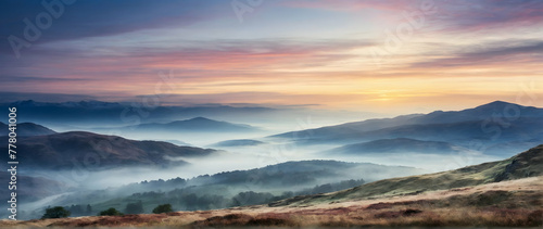 Photo real as Highland Hues A watercolor dawn breaking over misty highlands. in nature and landscapes theme ,for advertisement and banner ,Full depth of field, high quality ,include copy space on left © Gohgah