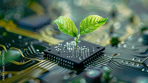 small plant growing out of the electronic computer circuit board.