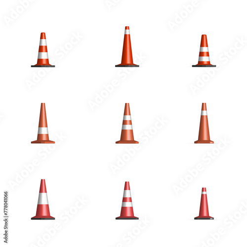 Set of different cone signs road repairs, isolated on white background. Under construction design elements. Front view, vector illustration.
