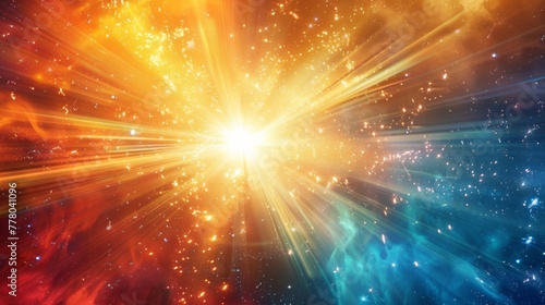 Radiant beams of light bursting from a central point and radiating outward in all directions, creating a mesmerizing display of color and energy