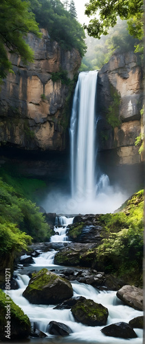 Photo real as Majestic Falls Witness the grandeur of a waterfall panorama in a lush setting. in nature and landscapes theme ,for advertisement and banner ,Full depth of field, high quality ,include co